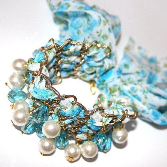 Aqua Blue Vintage Floral Gold Tie Wrap Bracelet or Choker Pearl Crystal Beaded - Picture 1 of 2